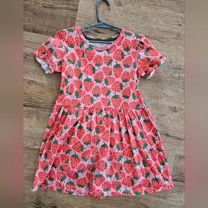 Girls' Pink Strawberry Print Short Sleeve Dress